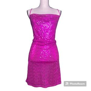 Birch and stone pink sequin open tie back mini dress XL